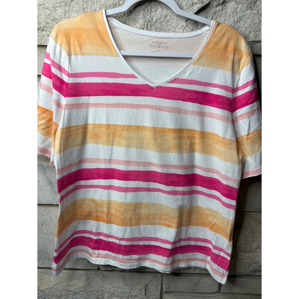 Talbots‎ XL Pink Orange Watercolor Striped V-Neck Short Sleeve Cotton Blend Tee